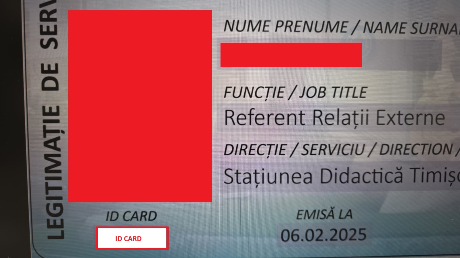 Exemplu ID CARD profesor cod evidențiat
